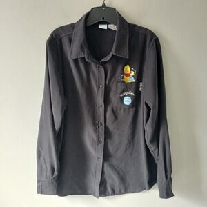 Disney Winnie The Pooh Women's Size XL Black Long Sleeve Suede Button Up Shirt